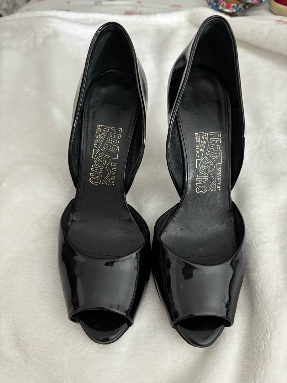 Salvatore Ferragamo Black Patent Peep-Toe Heels